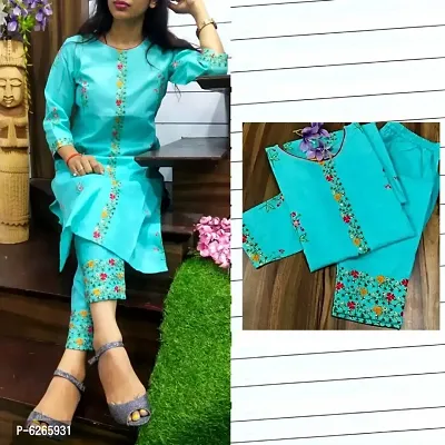 COTTON EMBROIDERED WITH PRINTED KURTA SET FOR WOMENS.-thumb0