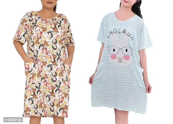 Stylish Regular Printed Cotton Nightdress For Women, Pack Of 2-thumb0