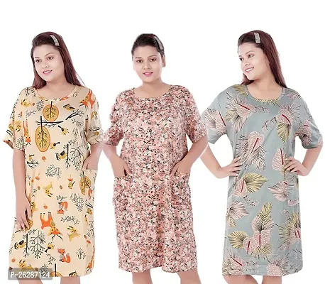 Stylish Regular Printed Cotton Nightdress For Women, Pack Of 3