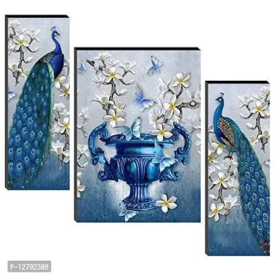 HELGA Flower with Peacock UV Textured Multi Effect Modern Art Paintings - 12 Inch x 18 Inch, - Set of 3-thumb0