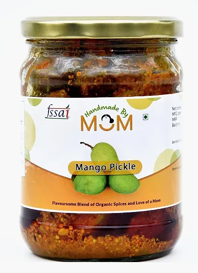 Handmade by Mom Mango Pickle in Cold Pressed Mustard Oil - Authentic, Handpicked Raw Mangoes, No Preservatives/Colors, Hygienic Practices, 500g Glass Jar