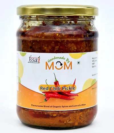 Handmade by Mom Stuffed Red Chilli Pickle in Cold Pressed Mustard Oil - Authentic | Handpicked Raw Chilies | No Preservatives/Colors | Hygienic Practices | 500g Glass Jar