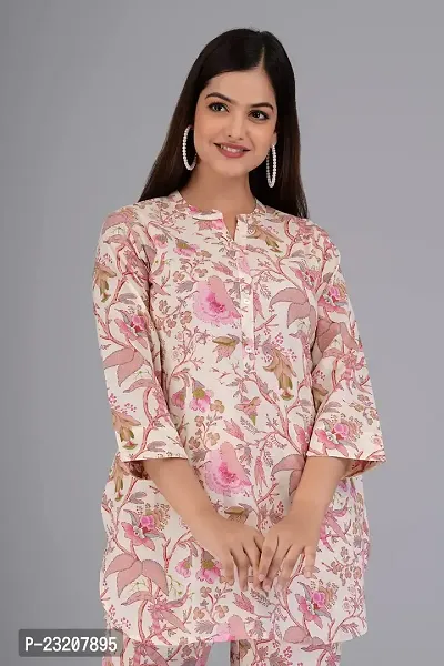 IMPROVUS Women's Peach Floral Print Cotton Co-Ord Set Relaxed Fit for Women|Two Piece Suit Kurti Top  Pant|3/4 Sleeve Cord Dress for Ladies|Casual Wear-thumb4
