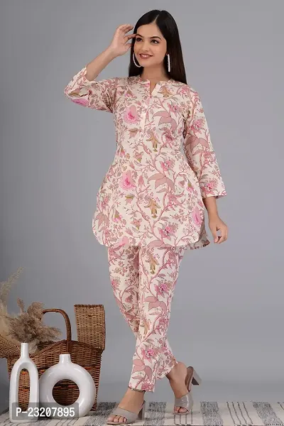 IMPROVUS Women's Peach Floral Print Cotton Co-Ord Set Relaxed Fit for Women|Two Piece Suit Kurti Top  Pant|3/4 Sleeve Cord Dress for Ladies|Casual Wear-thumb3