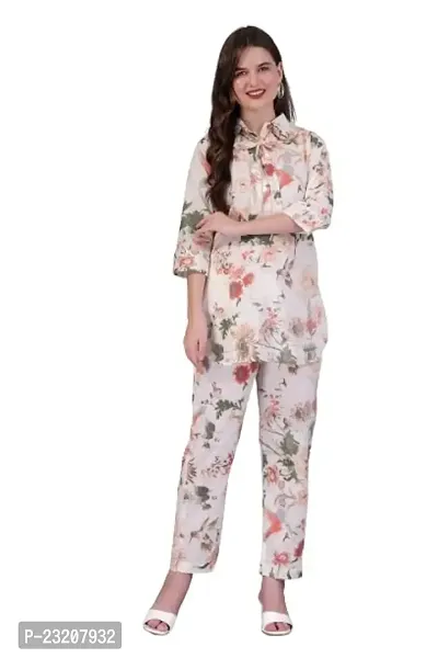 IMPROVUS Women's Modal Floral Print Clear Co-ord Set | Relaxed Fit for Women | Two Piece Suit Peplum Top  Pant | 3/4 Sleeve Cord Dress for Ladies |Fashionable for Party (White - M)