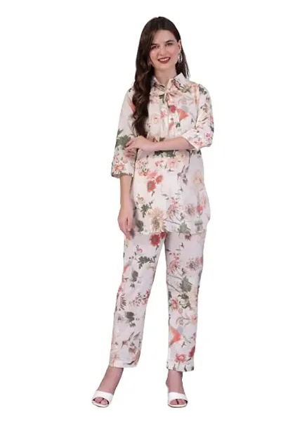 IMPROVUS Women's Modal Floral Print Clear Co-ord Set | Relaxed Fit for Women | Two Piece Suit Peplum Top & Pant | 3/4 Sleeve Cord Dress for Ladies |Fashionable for Party