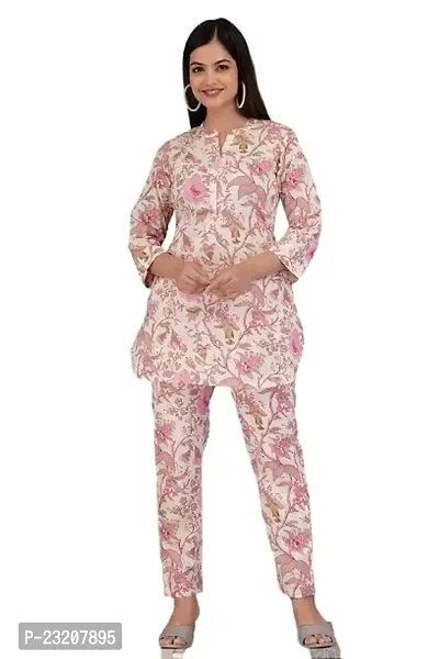 IMPROVUS Women's Peach Floral Print Cotton Co-Ord Set Relaxed Fit for Women|Two Piece Suit Kurti Top  Pant|3/4 Sleeve Cord Dress for Ladies|Casual Wear-thumb0