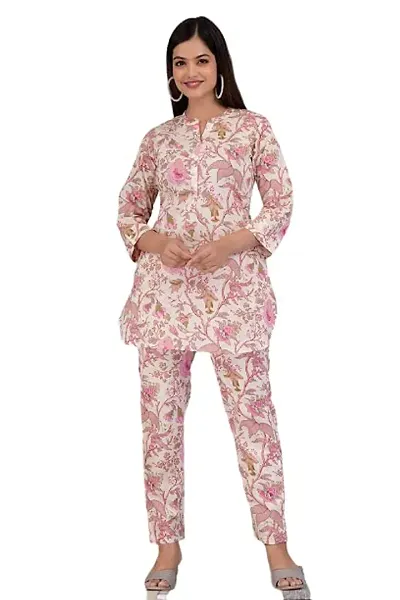 IMPROVUS Women's Peach Floral Print Cotton Co-Ord Set Relaxed Fit for Women|Two Piece Suit Kurti Top & Pant|3/4 Sleeve Cord Dress for Ladies|Casual Wear