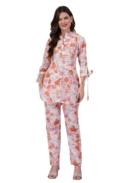 IMPROVUS Women's Modal Floral Print Clear Co-ord Set | Relaxed Fit for Women | Two Piece Suit Peplum Top & Pant | 3/4 Sleeve Cord Dress for Ladies |Fashionable for Party