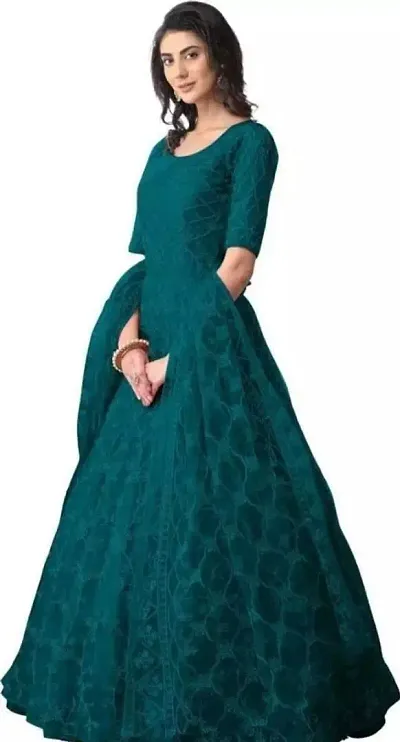 Stylish Net Embroidered Semi-Stitched Anarkali Gown with Dupatta