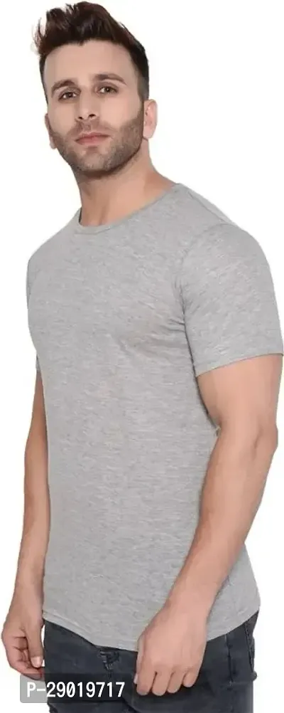 Trendy Grey Cotton Blend Solid Round Neck Tees for Men-thumb4