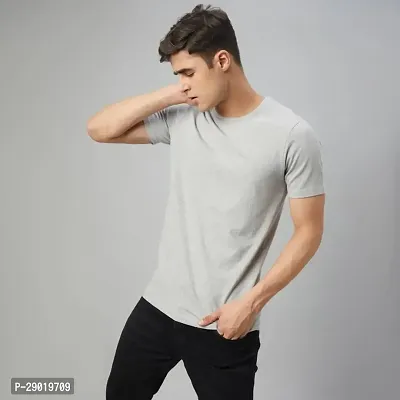 Trendy Grey Cotton Blend Solid Round Neck Tees for Men-thumb2