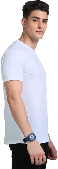 Stylish Solid Round Neck Cotton Blend White T-Shirt For Men-thumb2