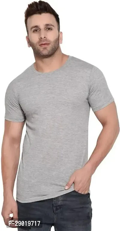 Trendy Grey Cotton Blend Solid Round Neck Tees for Men-thumb0