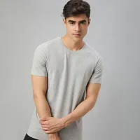 Trendy Grey Cotton Blend Solid Round Neck Tees for Men-thumb2