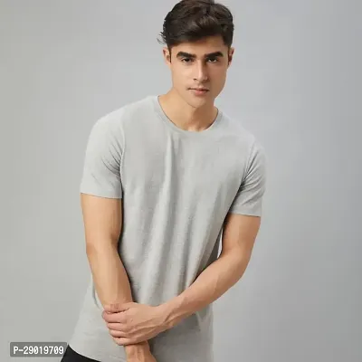 Trendy Grey Cotton Blend Solid Round Neck Tees for Men-thumb3