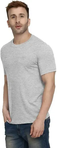 Trendy Grey Cotton Blend Solid Round Neck Tees for Men-thumb2