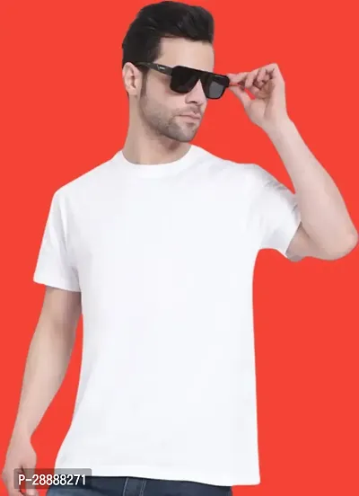 Stylish Solid Round Neck Cotton Blend White T-Shirt For Men-thumb0