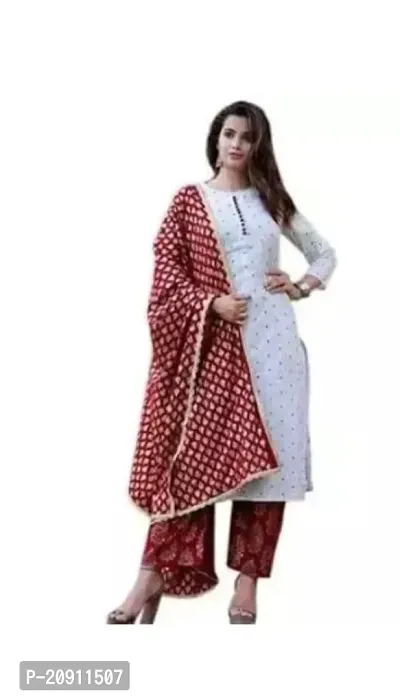 A-Line Multicoloured  Cotton Kurta Bottom Dupatta Set For Women-thumb0