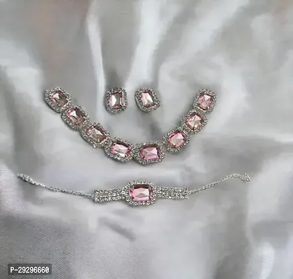 Stylish Pink Alloy Cubic Zirconia Jewellery Set For Women