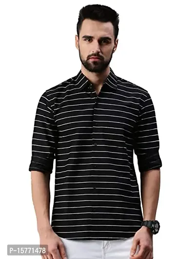 Black Cotton Striped Casual Shirts For Men