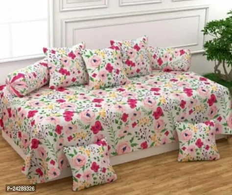 Stylish Fancy Comfortable Printed 1 Single Bedsheet, 2 Bolster Covers, 5 Cushion Cover Diwan Set