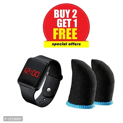 Black LED Digital Watch For Unisex With Free Gift finger sleev