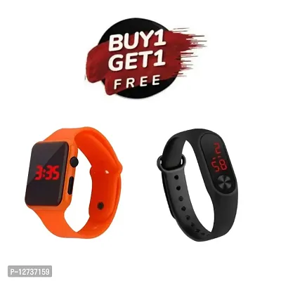 Orange LED Digital Watch + Band ( Buy 1 Get 1 Free ) For Men  Women  Kids Pack Of 2-thumb0