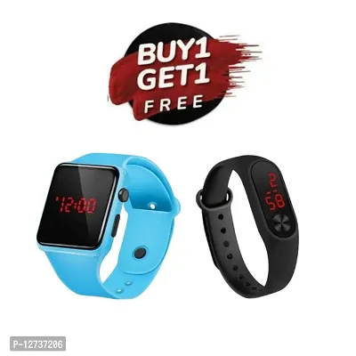 Sky Blue LED Digital Watch + Band ( Buy 1 Get 1 Free ) For Men  Women  Kids Pack Of 2