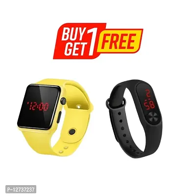 Yellow LED Digital Watch + Band ( Buy 1 Get 1 Free ) For Men  Women  Kids Pack Of 2