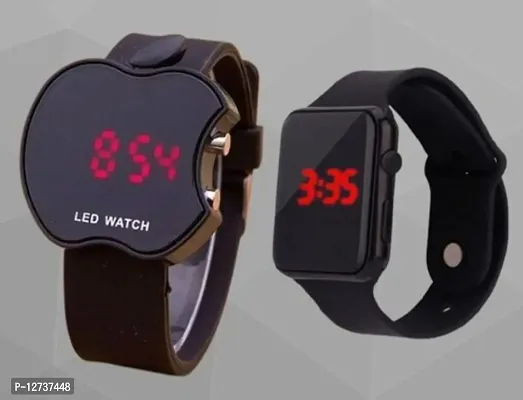 Stylist Black Digital Watch + Cut Apple Shape Watch for Men, Women And Kids (Pack of 2)-thumb0