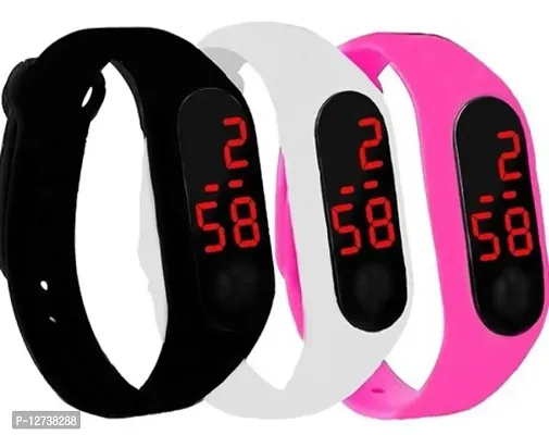 A1 BLACK + WHITE + PINK LED BAND DIGITAL WATCH COMBO 3 FOR MEN  WOMEN