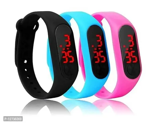 A1 BLACK + SKY BLUE + PINK LED BAND DIGITAL WATCH COMBO 3 FOR MEN  WOMEN