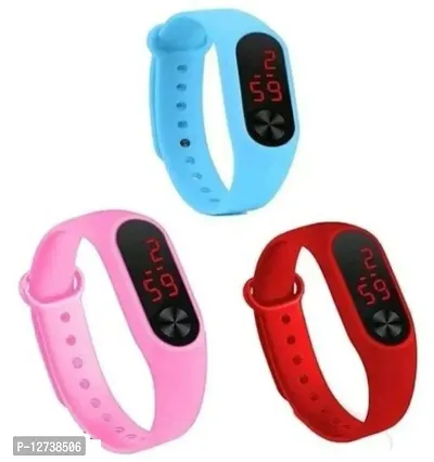 STYLISH PINK + SKY BLUE + RED LED BAND DIGITAL WATCH COMBO 3 FOR MEN  WOMEN