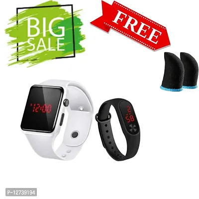 White LED Digital Watch  + Black Watch Band 2PCS - For Boys with free finger sleeves-thumb0