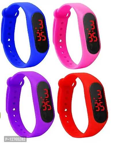 Blue, Pink, Purple, Red led digital Band display wrist watch for boys and girls pack of 4