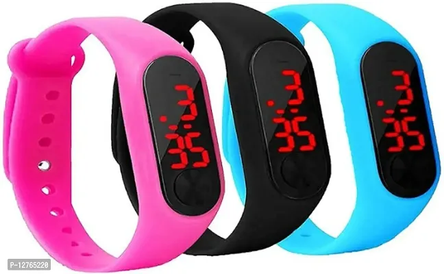 Trendy Led Pink Blue Black Digital Band Watches For Women Pack of 3