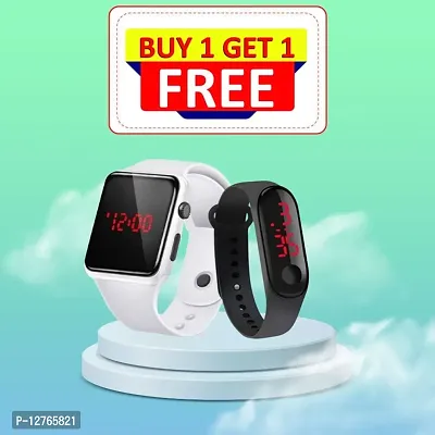 White LED Digital Watch + Black Band ( Buy 1 Get 1 Free ) for men  women  kids pack of 2-thumb0