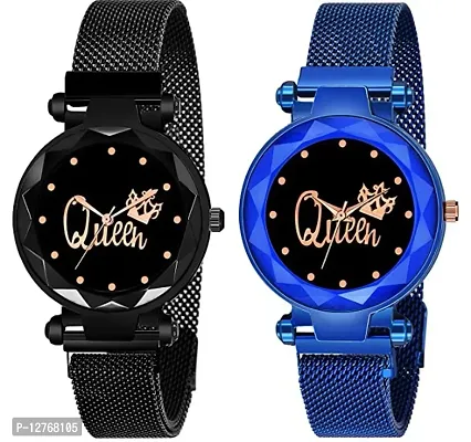 Queen Magnetic Strap Mash Girls Watch For Women Black + Blue Magnetic Chain magnet strap mash hand watch girls watch for women gift Black Analog Watch - For Girls Pack of 2-thumb0