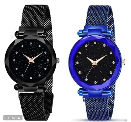 Black + Blue PARTY WEAR  ANALOG CRESTAL GLASS MAGNET WATCH FOR GIRLS PACK OF 2