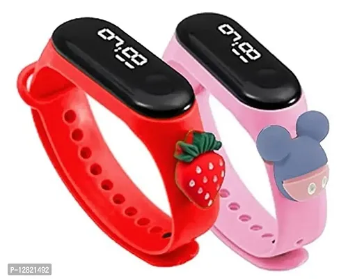Red + Pink LED Watch Combo of 2 Cartoon Character Waterproof LED Kids Watches for Boys  Girls