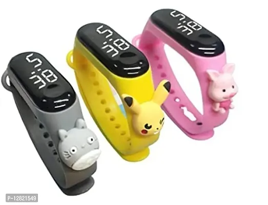 Stylish  trendy pink + yellow + grey toy band watch for kids pack of 3