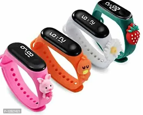 Pink + orange + green + white toy LED band stylish digital watch for kids pack of4