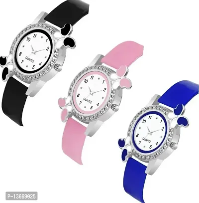 Butterfly Kids-Girls Black +Pink + Blue Rubber Casual Analog Watches Pack of 3