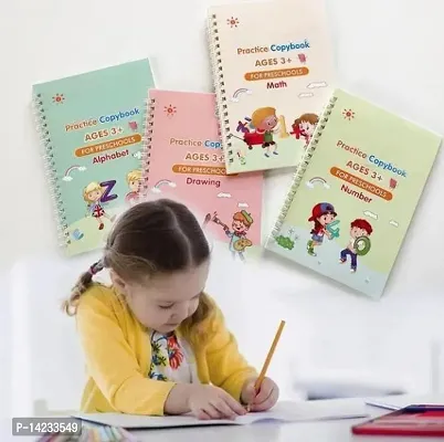 Magic Practice Copy Book for Pre-School Kids, Re-Usable Drawing + Alphabet + Numbers + Math Exercise , English Magic Book for Children Pack of 4-thumb0