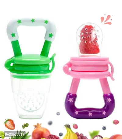 Baby Food and Fruit Feeder Cum Nibbler with Ergonomic Handle BPA Free Soft Silicon Pacifier Teether for Baby BPA Free Hygenic  BPA Free Baby Juice Nibbler Feeder Nipple with Cover, Pack of 2-thumb0