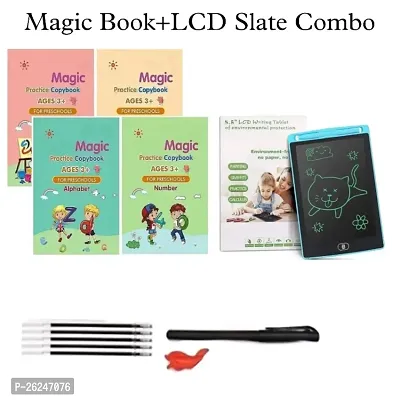 COMBO (4 BOOK + 10 REFILL+ 1 Pen +1 Grip) Number Tracing, Sank Magic Practice Copy (Hardcover) LCD Writing Board Slate Drawing Record Notes Digital Notepad