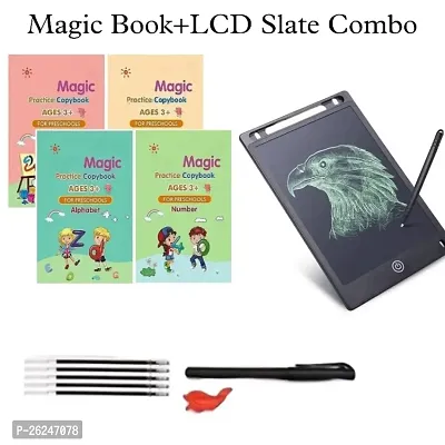 COMBO (4 BOOK + 10 REFILL+ 1 Pen +1 Grip) Number Tracing, Sank Magic Practice Copy (Hardcover) LCD Writing Board Slate Drawing Record Notes Digital Notepad