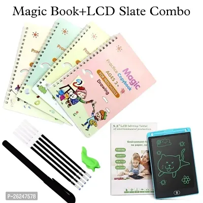 COMBO (4 BOOK + 10 REFILL+ 1 Pen +1 Grip) Number Tracing, Sank Magic Practice Copy (Hardcover) LCD Writing Board Slate Drawing Record Notes Digital Notepad