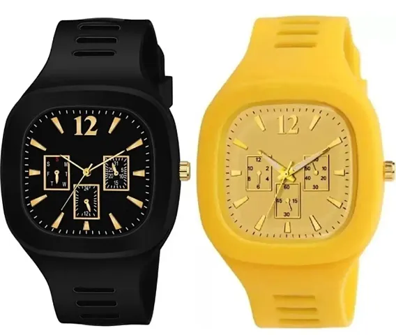 Square Dial Analog Watches Rubber Strap Stylish Designer Combo Watch for Mens Boys (Pack of 2)